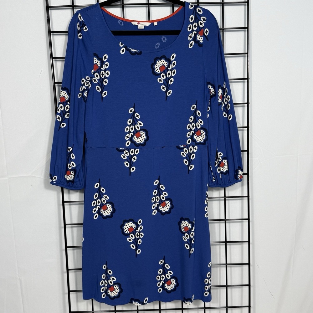 Boden Floral L/S Dress Womens 10L Royal Blue Casual Cottagecore Midi‎ Boho